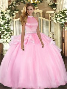 Sleeveless Tulle Floor Length Backless 15 Quinceanera Dress in Pink with Beading and Ruffles