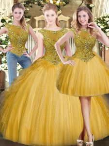 Comfortable Sleeveless Tulle Floor Length Zipper Quinceanera Dresses in Gold with Beading and Ruffles