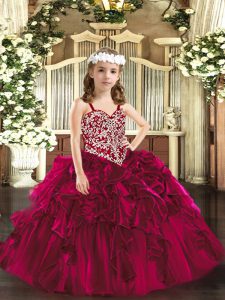 Fuchsia Ball Gowns Straps Sleeveless Organza Floor Length Lace Up Beading and Ruffles Little Girls Pageant Dress Wholesale