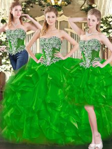 Green Organza Lace Up Quinceanera Dress Sleeveless Floor Length Beading and Ruffles