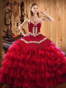 Most Popular Sweetheart Sleeveless Satin and Organza Quinceanera Gown Embroidery and Ruffled Layers Lace Up