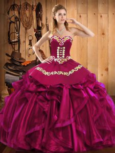 Sweetheart Sleeveless Quinceanera Dress Floor Length Embroidery and Ruffles Fuchsia Satin and Organza