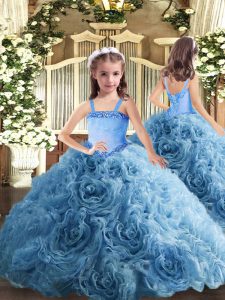 Sleeveless Fabric With Rolling Flowers Floor Length Lace Up Child Pageant Dress in Baby Blue with Appliques