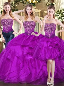 Fuchsia Strapless Lace Up Beading and Ruffles Sweet 16 Dress Sleeveless