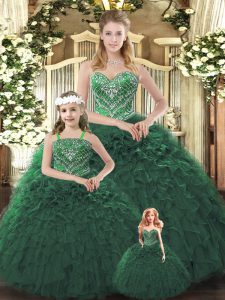 Ball Gowns Sweet 16 Dresses Dark Green Sweetheart Organza Sleeveless Floor Length Lace Up