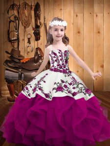 New Arrival Straps Sleeveless Pageant Gowns For Girls Floor Length Embroidery and Ruffles Fuchsia Organza