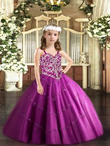 Dramatic Fuchsia Straps Neckline Beading and Appliques Pageant Dress for Girls Sleeveless Lace Up