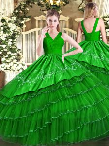 Luxury Green Ball Gowns V-neck Sleeveless Satin and Organza Floor Length Zipper Embroidery and Ruffled Layers 15 Quinceanera Dress