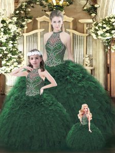 Dark Green Ball Gowns Halter Top Sleeveless Organza Floor Length Lace Up Beading and Ruffles Ball Gown Prom Dress