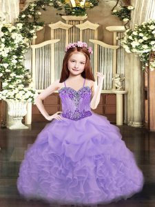 Custom Designed Lavender Organza Lace Up Little Girls Pageant Gowns Sleeveless Floor Length Beading and Ruffles and Pick Ups