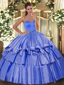 Floor Length Blue Quinceanera Dress Taffeta Sleeveless Beading and Ruffled Layers