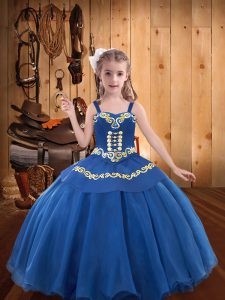 Blue Lace Up Child Pageant Dress Beading and Embroidery and Ruffles Sleeveless Floor Length