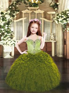 Super Ball Gowns Kids Pageant Dress Olive Green Spaghetti Straps Organza Sleeveless Floor Length Lace Up