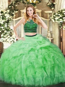 Colorful Ball Gowns 15th Birthday Dress Apple Green Halter Top Organza Sleeveless Floor Length Zipper