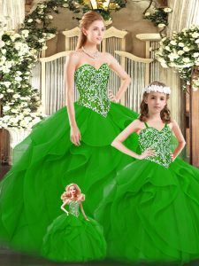Elegant Green Tulle Lace Up Sweet 16 Dress Sleeveless Floor Length Beading and Ruffles