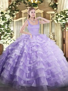 Fine Lavender Sleeveless Floor Length Beading and Ruffled Layers Zipper 15 Quinceanera Dress