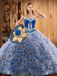 Sophisticated Multi-color Ball Gowns Embroidery Sweet 16 Quinceanera Dress Lace Up Satin and Fabric With Rolling Flowers Sleeveless With Train