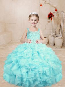 Ball Gowns Little Girls Pageant Gowns Aqua Blue Straps Organza Sleeveless Floor Length Lace Up