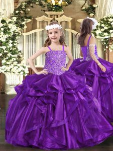 Beading and Ruffles Pageant Gowns For Girls Purple Lace Up Sleeveless Floor Length