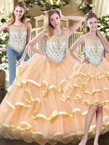 Shining Peach Organza Zipper Ball Gown Prom Dress Sleeveless Floor Length Beading and Ruffled Layers