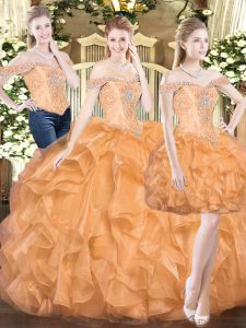 Three Pieces Quinceanera Gowns Orange Red Off The Shoulder Organza Sleeveless Floor Length Lace Up