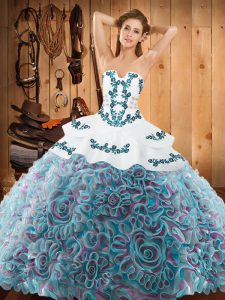 Multi-color Satin and Fabric With Rolling Flowers Lace Up 15th Birthday Dress Sleeveless With Train Sweep Train Embroidery