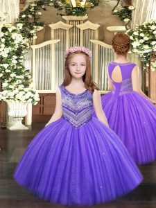 Lavender Tulle Lace Up Scoop Sleeveless Floor Length Pageant Dress Toddler Beading