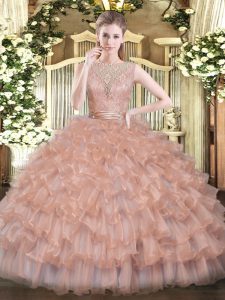 Superior Peach Ball Gowns Beading and Ruffled Layers Quinceanera Gown Backless Tulle Sleeveless Floor Length