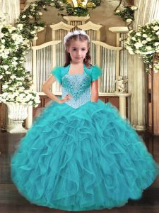 Cute Aqua Blue Straps Lace Up Ruffles Pageant Dress for Teens Sleeveless