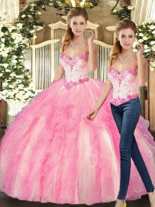 Sleeveless Floor Length Beading and Ruffles Lace Up Quince Ball Gowns with Rose Pink