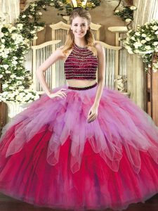 Elegant Floor Length Lace Up 15 Quinceanera Dress Multi-color for Military Ball and Sweet 16 and Quinceanera with Beading and Ruffles