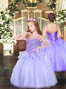 Elegant Organza Spaghetti Straps Sleeveless Lace Up Appliques Girls Pageant Dresses in Lavender