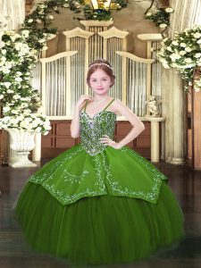 Pretty Floor Length Olive Green Pageant Dress Satin and Organza Sleeveless Beading and Embroidery