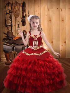 Discount Red Organza Lace Up Pageant Gowns For Girls Sleeveless Floor Length Embroidery and Ruffled Layers