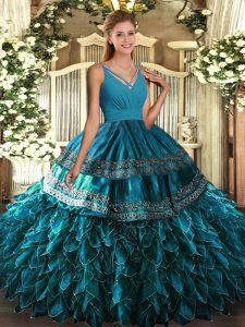 Floor Length Blue Ball Gown Prom Dress V-neck Sleeveless Backless