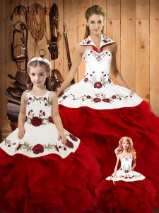 Wine Red Ball Gowns Embroidery and Ruffles Sweet 16 Dress Lace Up Satin and Organza Sleeveless Floor Length