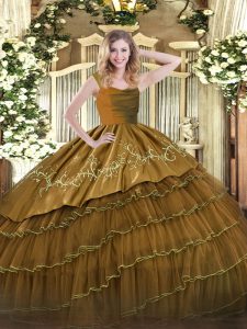 Brown Sleeveless Satin and Organza Zipper Sweet 16 Quinceanera Dress for Military Ball and Sweet 16 and Quinceanera