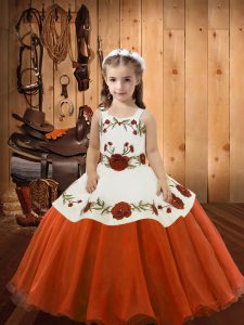 On Sale Orange Red Sleeveless Embroidery Floor Length Little Girl Pageant Gowns