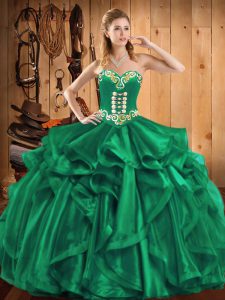 Colorful Floor Length Lace Up Sweet 16 Quinceanera Dress Turquoise for Military Ball and Sweet 16 and Quinceanera with Embroidery and Ruffles