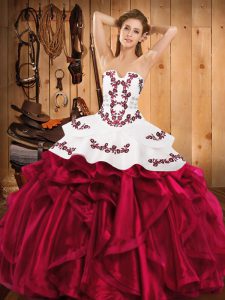 Burgundy Ball Gowns Strapless Sleeveless Satin and Organza Floor Length Lace Up Embroidery and Ruffles Quince Ball Gowns