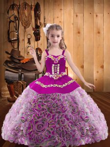 Sweet Multi-color Ball Gowns Fabric With Rolling Flowers V-neck Sleeveless Embroidery and Ruffles Floor Length Lace Up Kids Pageant Dress