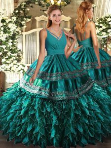 Floor Length Teal Quince Ball Gowns V-neck Sleeveless Zipper