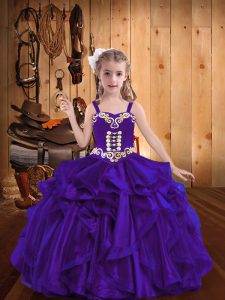 Purple Lace Up Pageant Dress Toddler Embroidery and Ruffles Sleeveless Floor Length