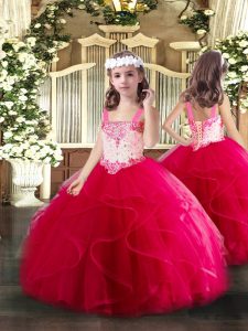 Sleeveless Floor Length Beading and Ruffles Lace Up Child Pageant Dress with Hot Pink