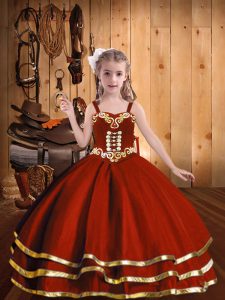 Glorious Rust Red Ball Gowns Organza Straps Sleeveless Beading and Embroidery and Ruffled Layers Floor Length Lace Up Pageant Dress for Teens