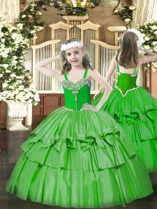 Pretty Green Sleeveless Beading and Ruffled Layers Floor Length Kids Formal Wear