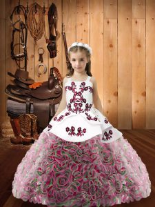 Embroidery and Ruffles Kids Pageant Dress Multi-color Lace Up Sleeveless Floor Length