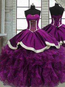 Sexy Sleeveless Floor Length Beading and Ruffles Lace Up Quinceanera Gowns with Purple