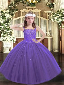 Excellent Floor Length Purple Kids Pageant Dress Tulle Sleeveless Beading