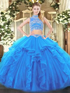 Designer Baby Blue Sleeveless Beading and Ruffles Floor Length Quinceanera Gown